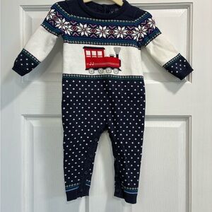 Janie and Jack Navy and White Train Knit Baby Onesie